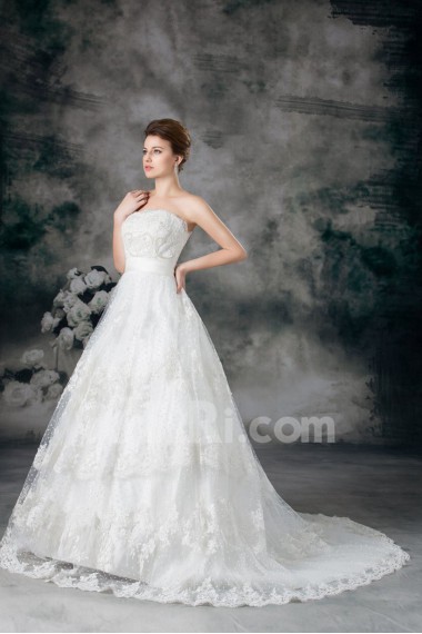 Net Strapless Ball Gown with Embroidery