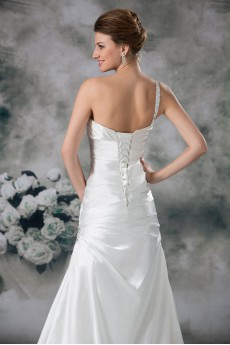 Satin One Shoulder A Line Gown with Embroidery