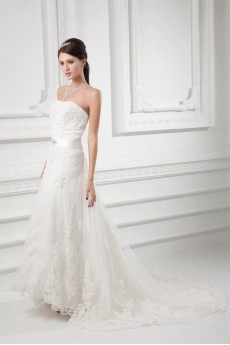 Satin and Net Strapless A Line Gown with Sash