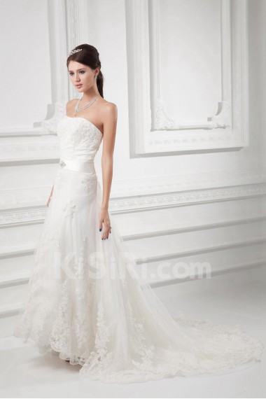 Satin and Net Strapless A Line Gown with Sash