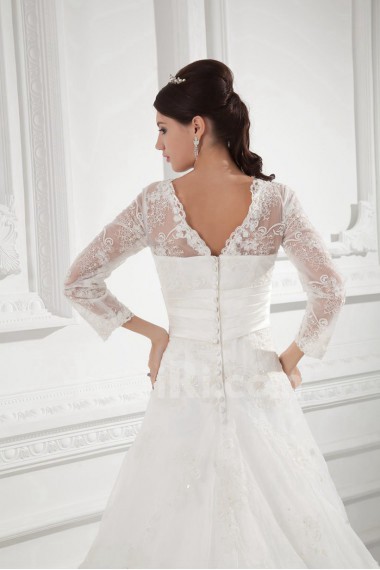 Organza V Neckline A Line Gown with Three-quarter Sleeves