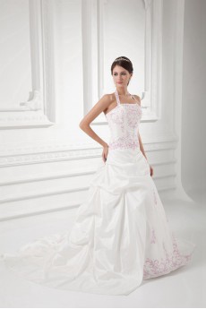 Taffeta Halter A Line Gown with Embroidery