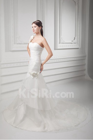 Organza One Shoulder A Line Gown with Hand-made Flowers