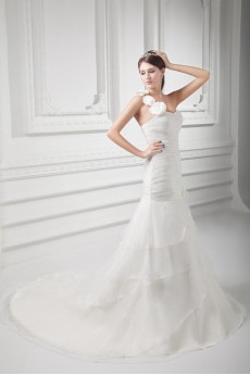 Organza One Shoulder A Line Gown with Hand-made Flowers
