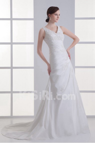 Satin V Neckline A Line Gown with Embroidery