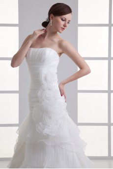 Organza Strapless A Line Gown with Hand-made Flowers