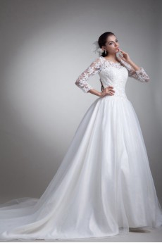Organza Scoop A Line Gown with Three-quarter Sleeves
