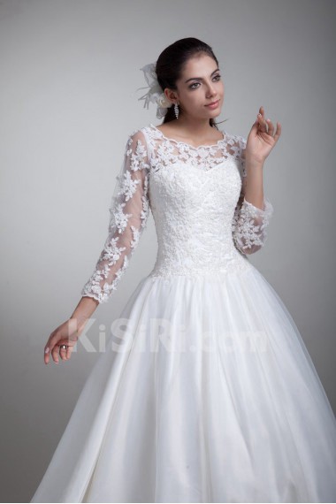 Organza Scoop A Line Gown with Three-quarter Sleeves