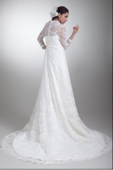Satin and Lace A Line Gown with Three-quarter Sleeves