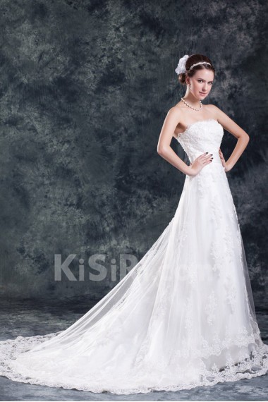 Net Strapless A Line Gown with Embroidery