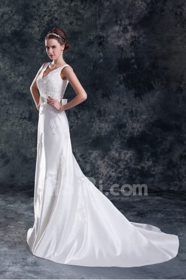 Satin V-Neck A Line Gown with Embroidery