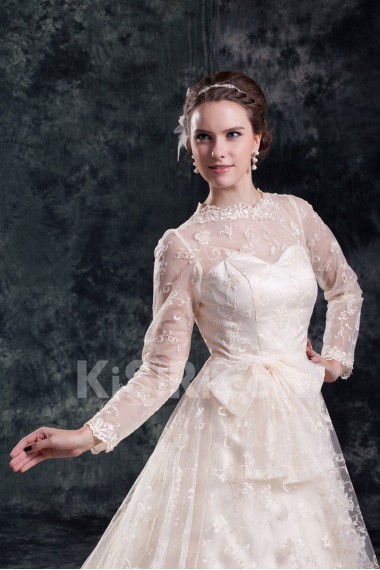 Lace Jewel A Line Gown with Three-quarter Sleeves
