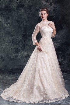 Lace Jewel A Line Gown with Three-quarter Sleeves