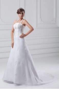 Organza and Satin Strapless A Line Gown with Embroidery