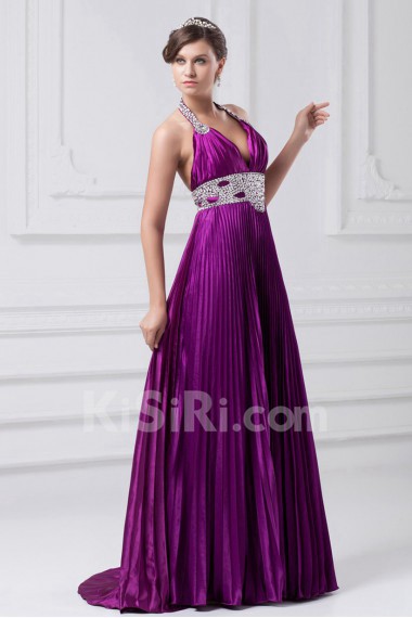 Satin Halter A Line Gown with Embroidery