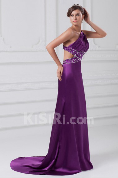 Satin Asymmetrical A Line Gown with Embroidery