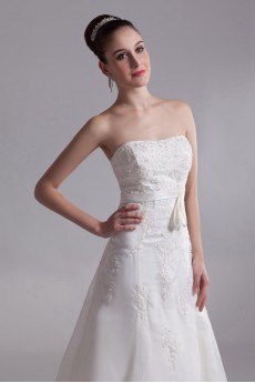 Organza Strapless A Line Gown with Embroidery