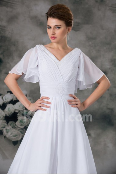 Chiffon V-Neck A Line Gown with Half-Sleeves