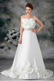 Satin Strapless A Line Gown with Hand-made Flowers