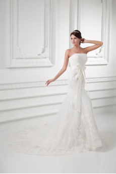 Satin and Net Strapless Sheath Gown with Sash