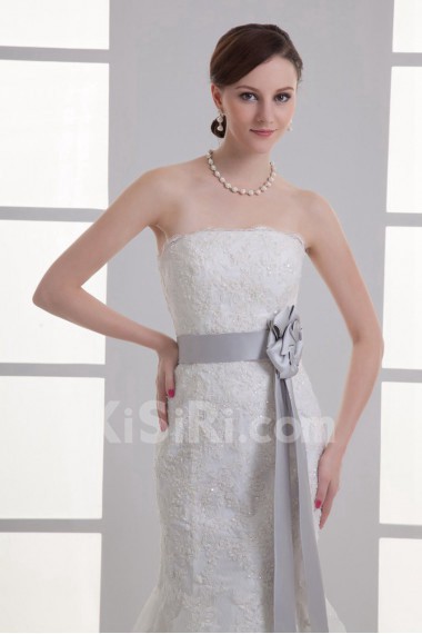 Satin and Net Strapless Sheath Gown with Sash