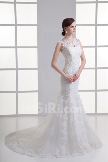 Satin and Net Sheath Gown with Jewel