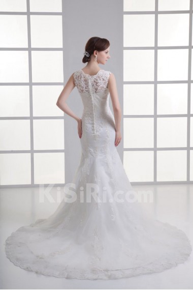 Satin and Net Sheath Gown with Jewel