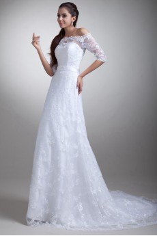 Lace Off-the-Shoulder Column Gown with Half-Sleeves