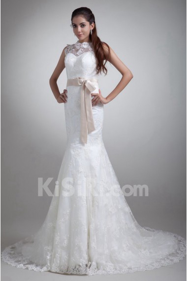 Satin and Lace Sheath Gown with Sash