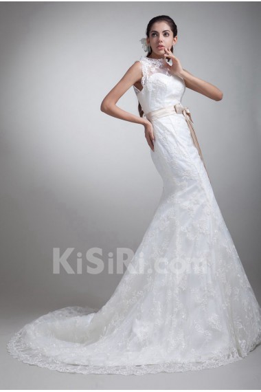Satin and Lace Sheath Gown with Sash
