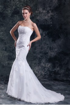 Satin and Net Strapless Sheath Gown with Embroidery