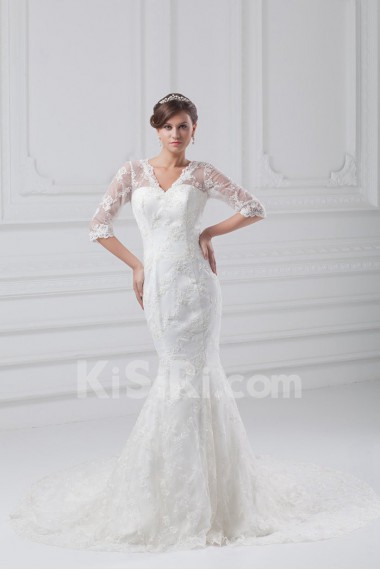 Lace V-Neck Sheath Gown with Half-Sleeves