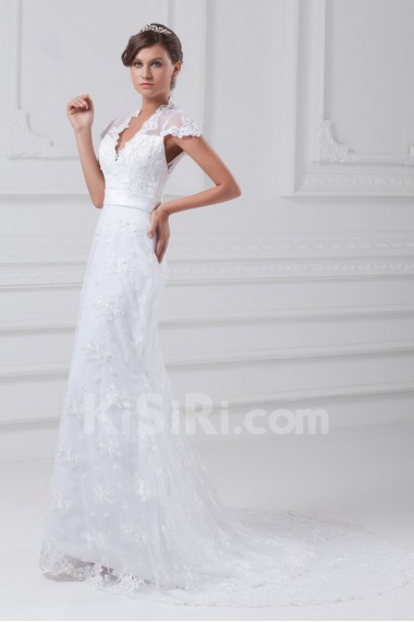 Lace V-Neck Sheath Gown with Cap Sleeves