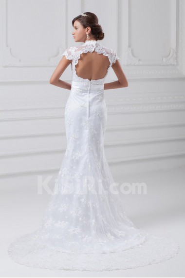 Lace V-Neck Sheath Gown with Cap Sleeves