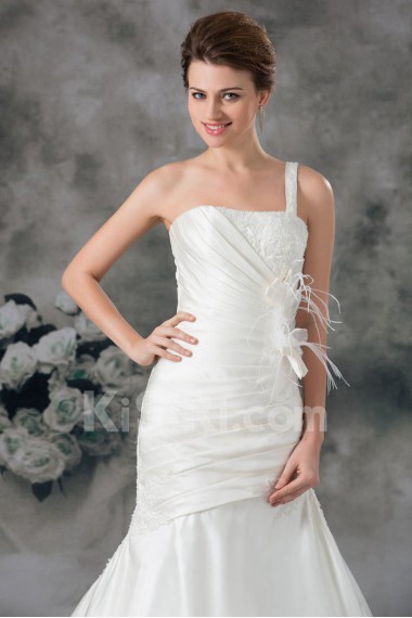 Satin One Shoulder Sheath Gown with Feather