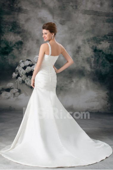 Satin One Shoulder Sheath Gown with Feather