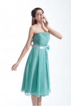 Chiffon Strapless Knee Length Dress with Hand-made Flower