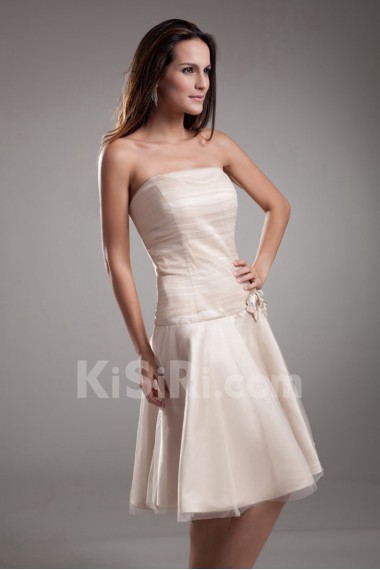 Net Strapless Knee Length Dress with Hand-made Flowers