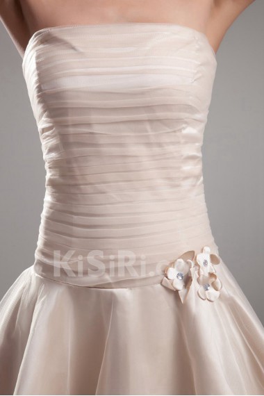 Net Strapless Knee Length Dress with Hand-made Flowers