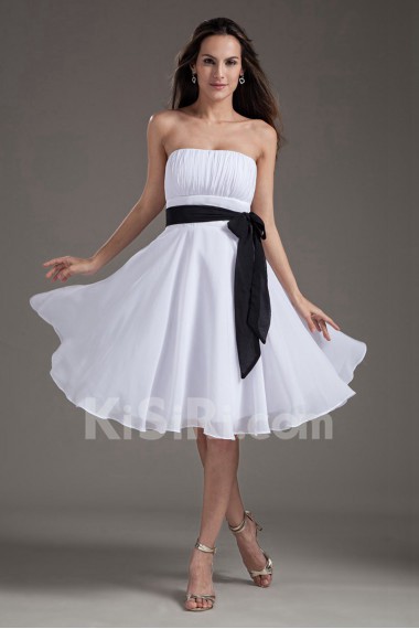 Chiffon Strapless Column White Knee Length Dress with Sash