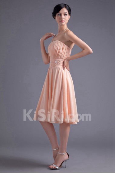 Chiffon Strapless Knee Length Dress with Embroidery