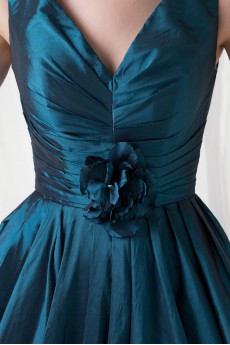 Taffeta V Neckline Tea-Length Dress with Hand-made Flower