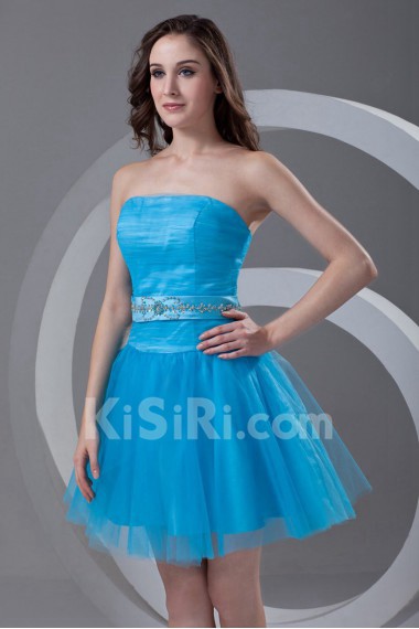 Satin and Net Strapless A Line Short Dress with Sash