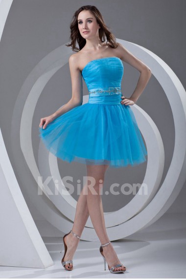 Satin and Net Strapless A Line Short Dress with Sash