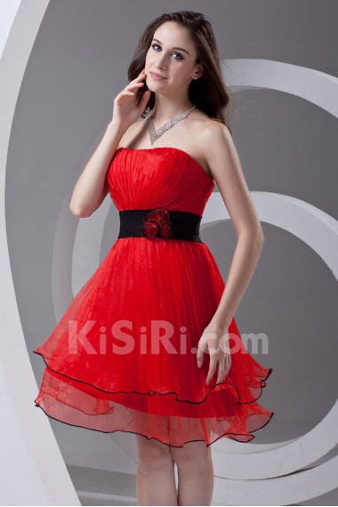 Organza Strapless Knee Length Dress with Sash