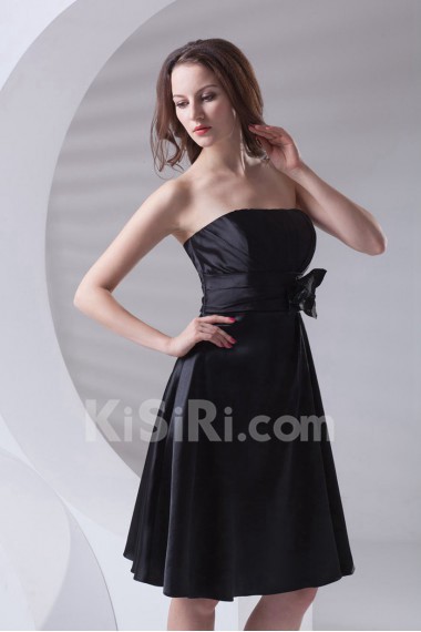 Satin Strapless Knee Length Dress with Hand-made Flower
