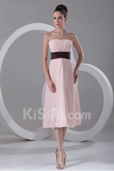 Chiffon Strapless Tea Length Column Dress