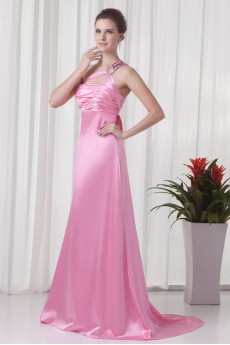 Satin One Shoulder A Line Dress with Directionally Ruched Bodice