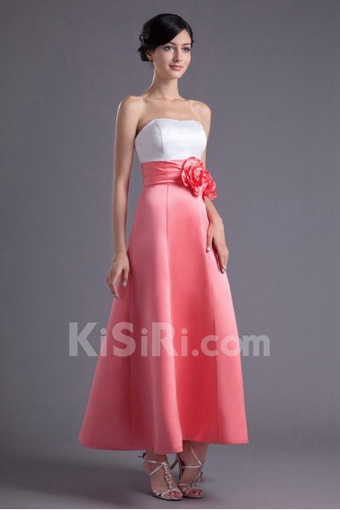 Satin Strapless A Line Ankle-Length Dress with Hand-made Flowers