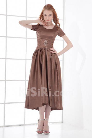 Satin Scoop Sheath Tea-length Short Sleeves Dress